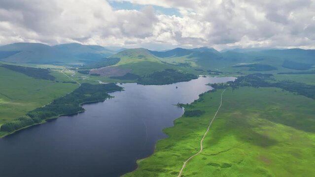 Loch Tulla and Beinn Dorain from a drone, Glen Coe, Highlands, Scotland, UK