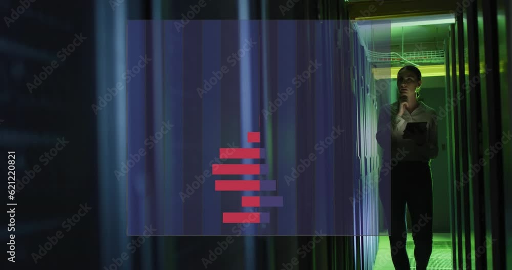 Poster animation of financial data processing over caucasian female it technician by computer server
