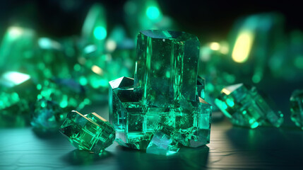 Amazing bright and shiny Emerald crystal cluster background. Jewel mineral detailed macro. Generative AI