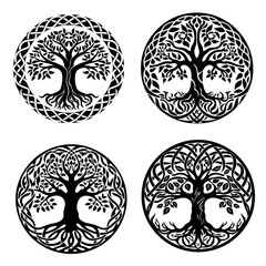 4 tree of life in three versions. tree natural symbol, vintage