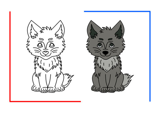 Wolf. Wild Beast. Antistress. Coloring book for children. Vector outline drawing in color. Used for children's art, coloring, magazine printing, web design illustration