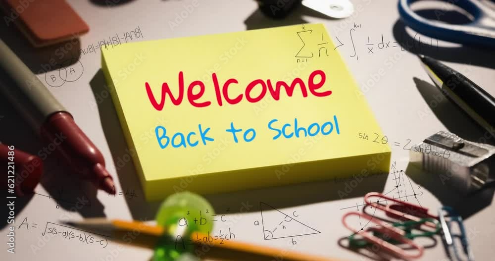 Poster animation of welcome back to school text on memo note and school items on white background