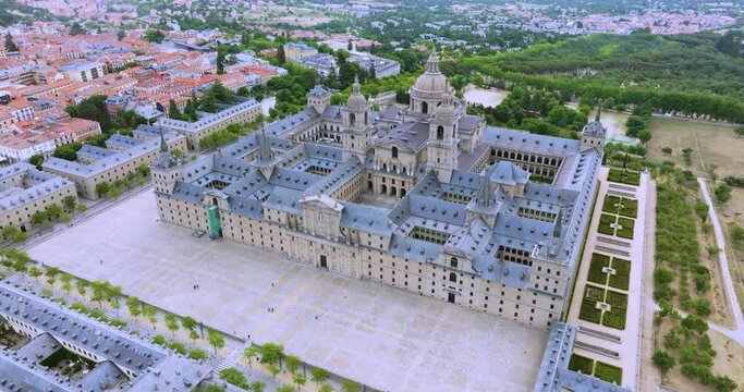 Aerial view of the Royal Monastery of San Lorenzo de El Escorial near Madrid, Spain. Rear side panoramic aerial view