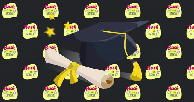 Animation of graduation hat, certificate and back to school icons on black background