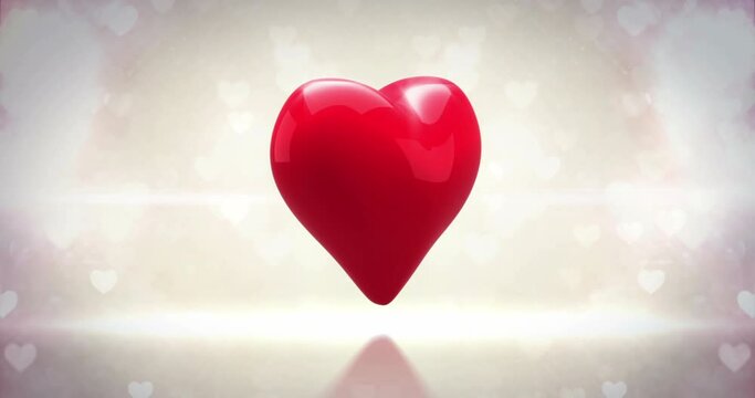 Animation of heart icon spinning and hearts flickering over white background