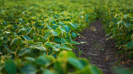 Soybean field grows in the field. Selective focus.