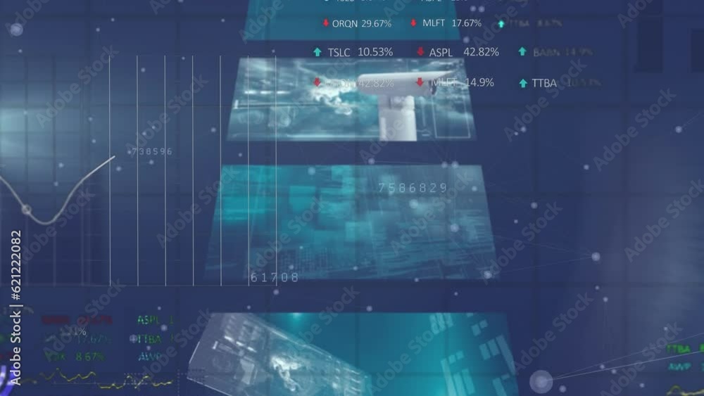 Poster animation of screens with data processing over dark background