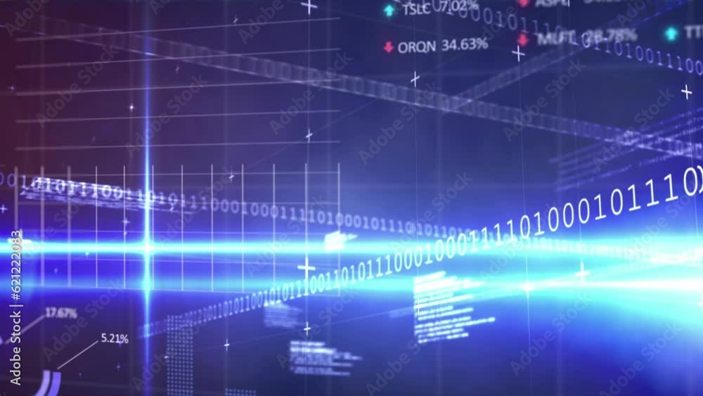 Poster animation of binary coding and data processing over dark background