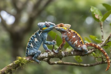 two lizards perched on a tree branch. Generative AI