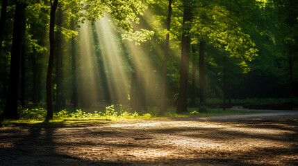 Fototapeta na wymiar Beautiful green forest with rays jo sun. Generative AI