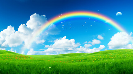 Obraz na płótnie Canvas Banner, green grass field and blue sky with rainbow. Organic background. Copy space. Generative AI