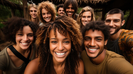 Obraz premium Portrait of group of friends smiling and looking at camera in forest camp. Generative AI.