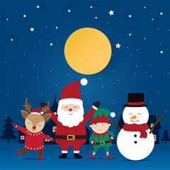 Santa Claus, elf, snowman and reindeer wearing christmas costumes with city village and christmas tree in night time with snowfall. Christmas season and Happy new year season