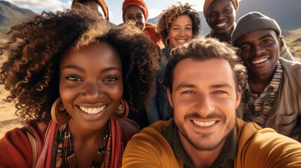 Fototapeta premium Multiethnic group of friends taking a selfie in the mountains. Generative AI.