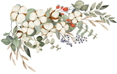 Watercolor bouquet with cotton flowers, wild berries and eucalyptus sprigs