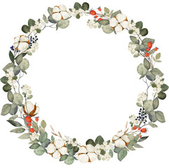 Watercolor round wreath with cotton flowers, eucalyptus leaves and wild berries