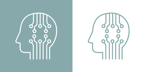 Icono inteligencia artificial. Logo silueta de cabeza humana lineal de perfil con conexiones de red - obrazy, fototapety, plakaty