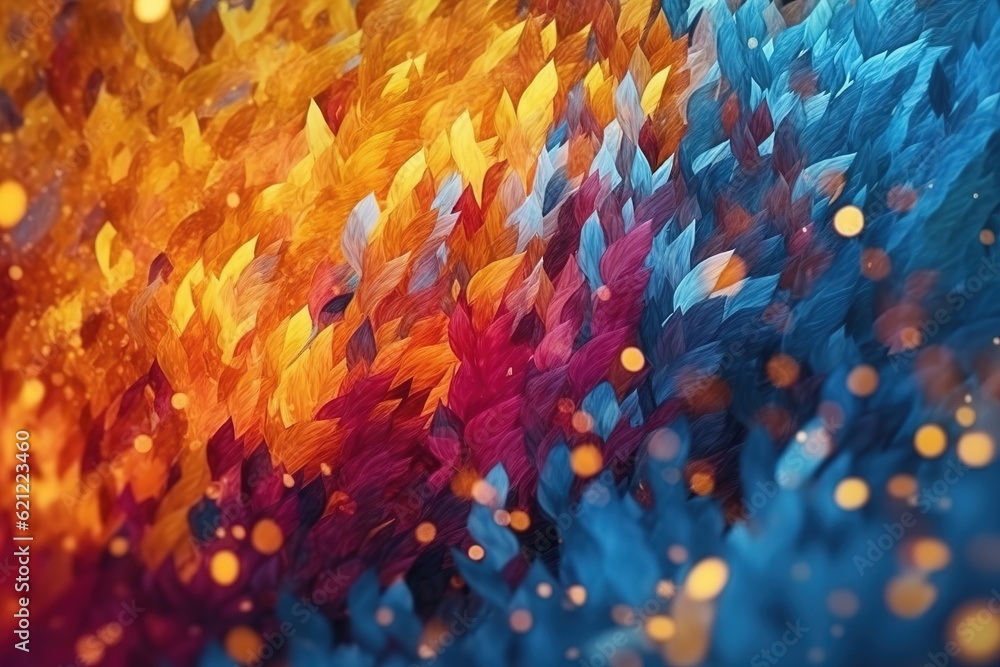 Poster a backdrop that is abstract and full of many colors, with a hazy picture of leaves.
