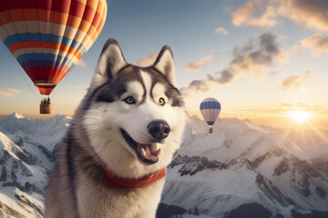 Generative AI The dog travels in the mountains and admires colorful hot air balloons at sunset. Gray and white fluffy Siberian husky explorer and traveler.