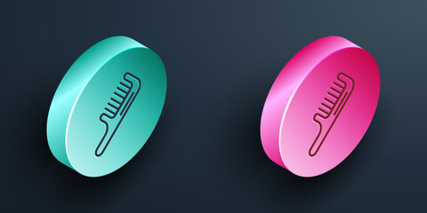 Isometric line Hairbrush icon isolated on black background. Comb hair sign. Barber symbol. Turquoise and pink circle button. Vector