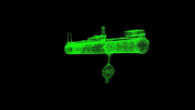 3D bazooka grenade launcher rotates on black background. War weapon concept. Military store and sale of weapons. For title, text, presentation. Object shimmering particles. 3d animation 60 FPS