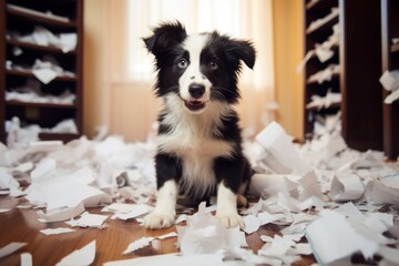 Generative AI Portrait of dog making chaos and disorder in apartment. Concept problem of growing up puppy and boredom during loneliness at home. Black white border collie destroyed toilet paper.