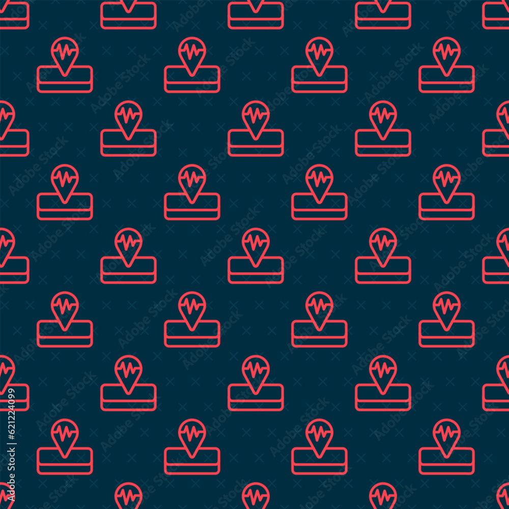 Poster red line earthquake icon isolated seamless pattern on black background. vector