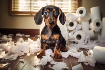 Generative AI Portrait of a dog making chaos and disorder in the apartment. The concept problem of growing up a puppy and boredom during loneliness at home. Dachshund destroyed the toilet paper. - obrazy, fototapety, plakaty