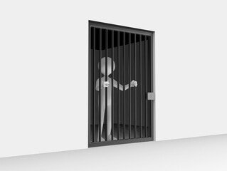 3D illustration of a cartoon man standing behind jail bars