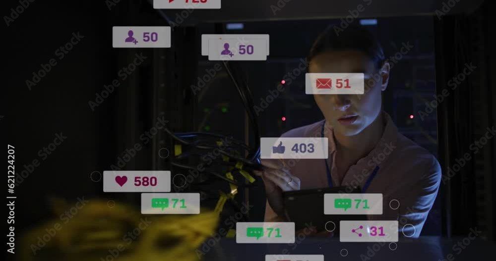 Poster animation of social media data processing over caucasian female it technician by computer servers