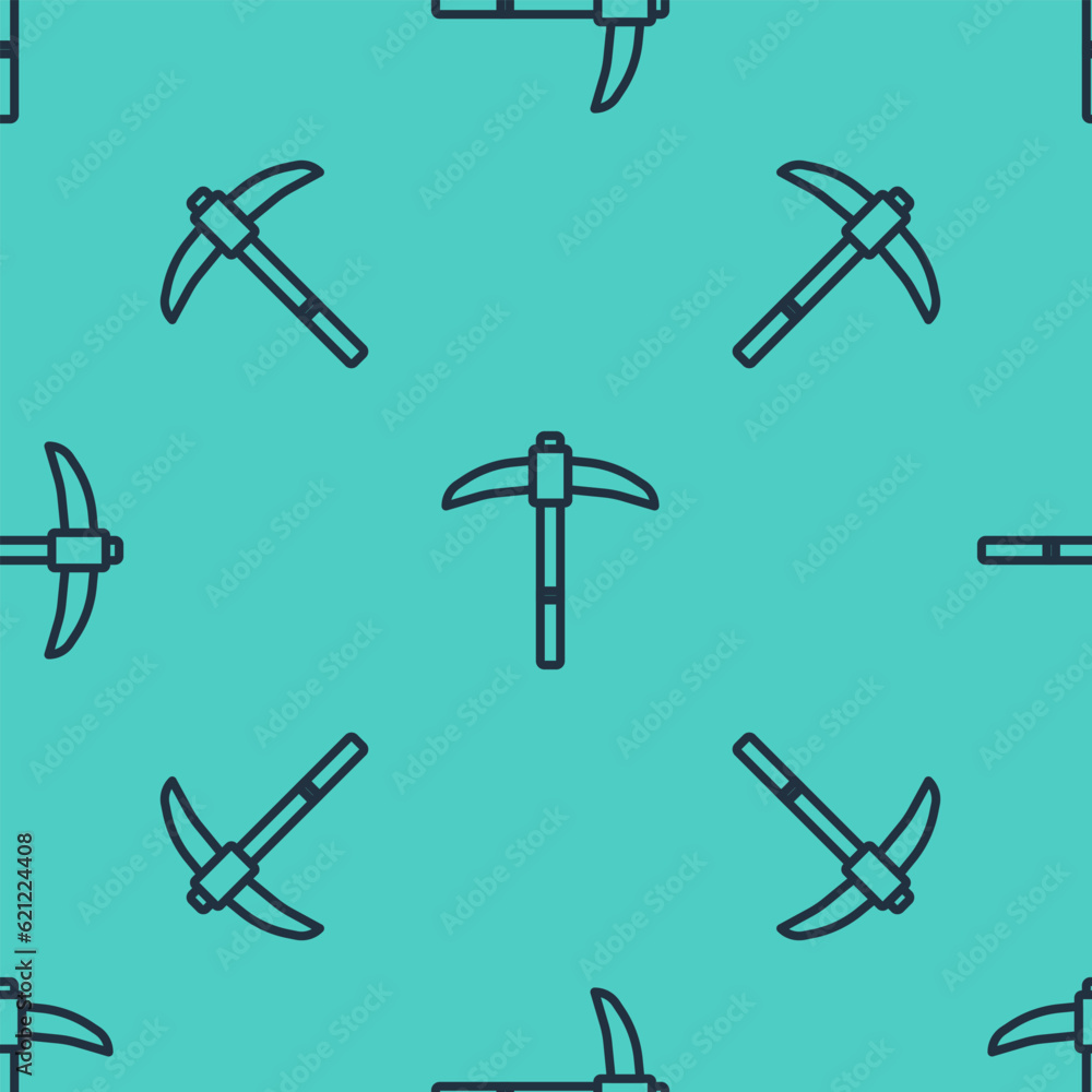 Poster black line pickaxe icon isolated seamless pattern on green background. vector