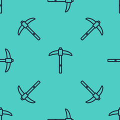 Black line Pickaxe icon isolated seamless pattern on green background. Vector
