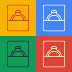 Pop art line Diamond engagement ring in box icon isolated on color background. Vector