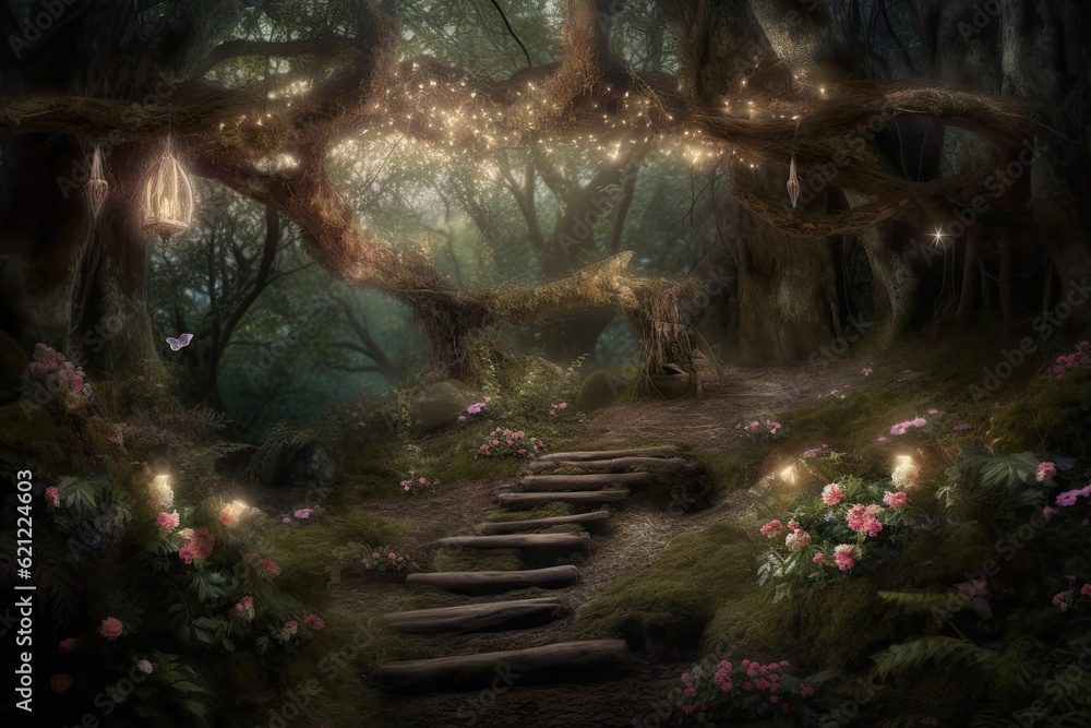 Poster magical forest path illuminated with fairy lights. Generative AI
