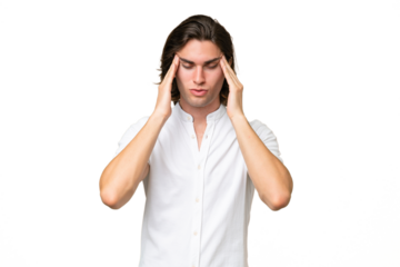 Young caucasian man isolated on green chroma background with headache