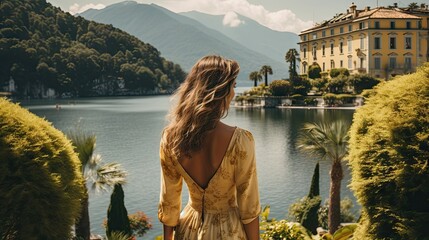 Back view of young woman with long blond hair on her vacation at a beautiful resort at Bogota Columbia, standing by a warm summer, swimming pool with blue water on a sunny day, ai generated shot