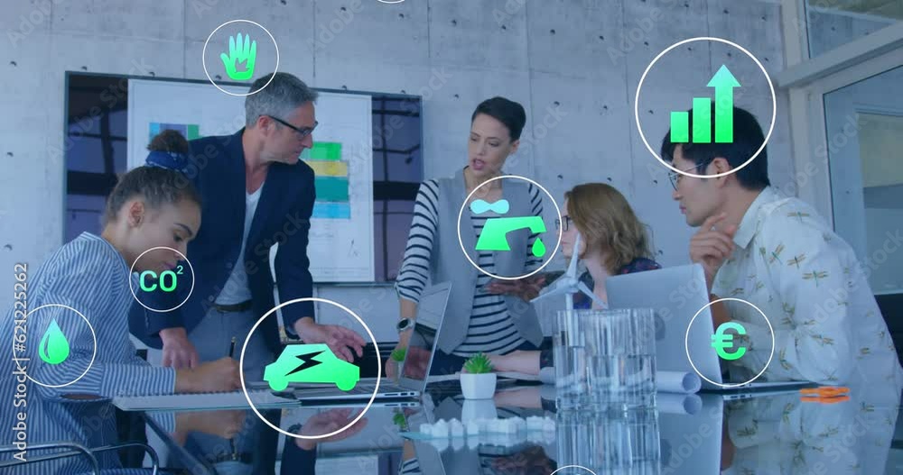 Poster Animation of multiple digital icons over diverse business people in office