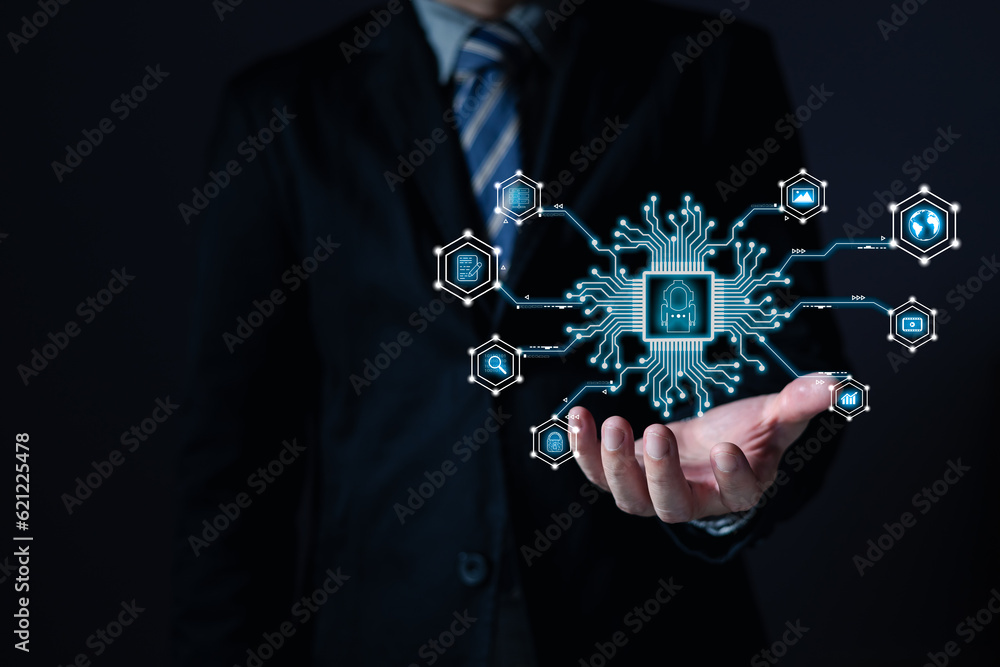 Poster a person touch ai chip.new technology big data and business process strategy, customer service manag