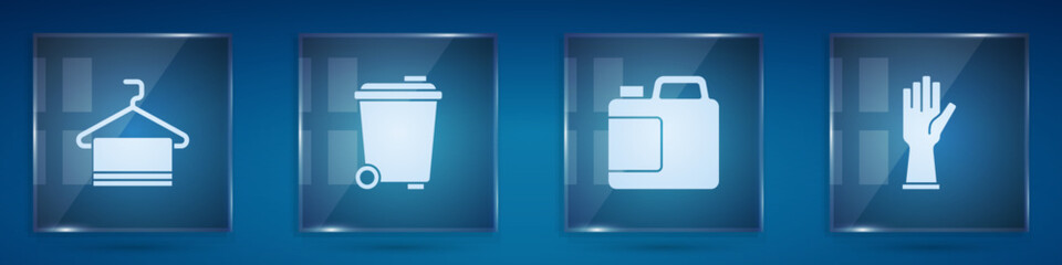 Set Towel on hanger, Trash can, Bottle for cleaning agent and Rubber gloves. Square glass panels. Vector
