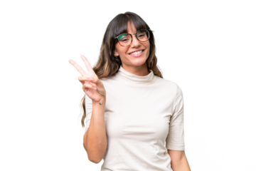 Young caucasian woman over isolated background smiling and showing victory sign