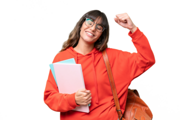 Young student caucasian woman over isolated background celebrating a victory