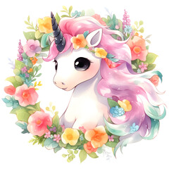 Adorable Fairy Unicorn in wreaths watercolor style