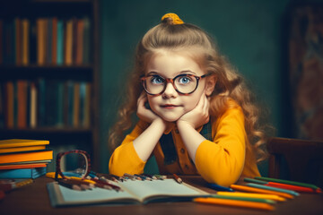 Cute european kid girl with colored pencil at the desk. School education concept. Generative AI