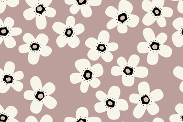 Seamless background with primitive childish floral pattern. Pastel pink colors. Simple cute big flowers in boho style. Children's wallpaper, print for a banner, postcard, packaging, textile