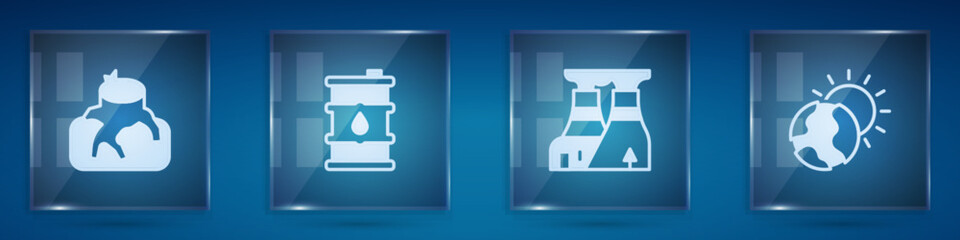 Set Deforestation, Barrel oil, Nuclear power plant and Global warming. Square glass panels. Vector