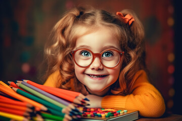 Fototapeta premium Cute european kid girl with colored pencil at the desk. School education concept. Generative AI