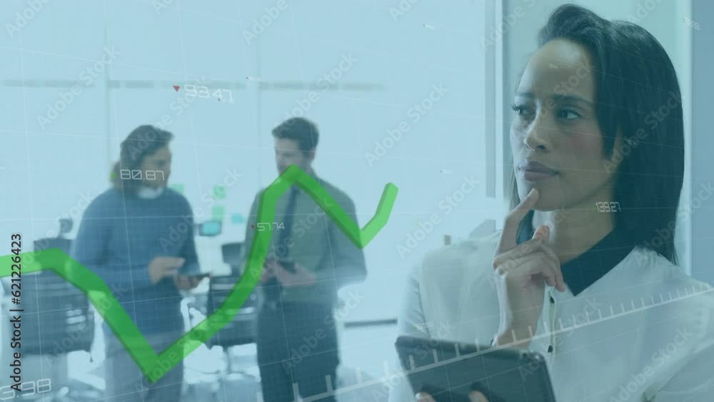 Poster animation of data processing over thoughtful biracial woman using digital tablet at office