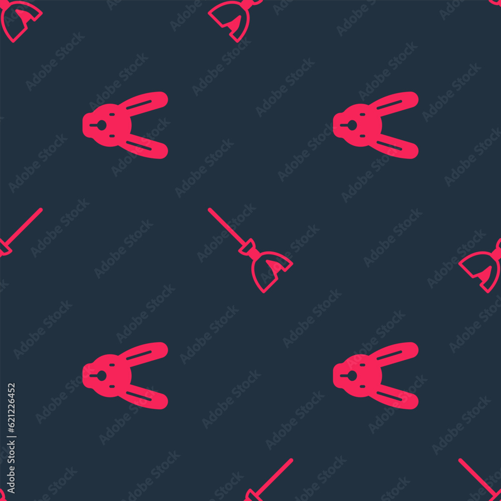 Poster set rabbit with ears and witches broom on seamless pattern. vector