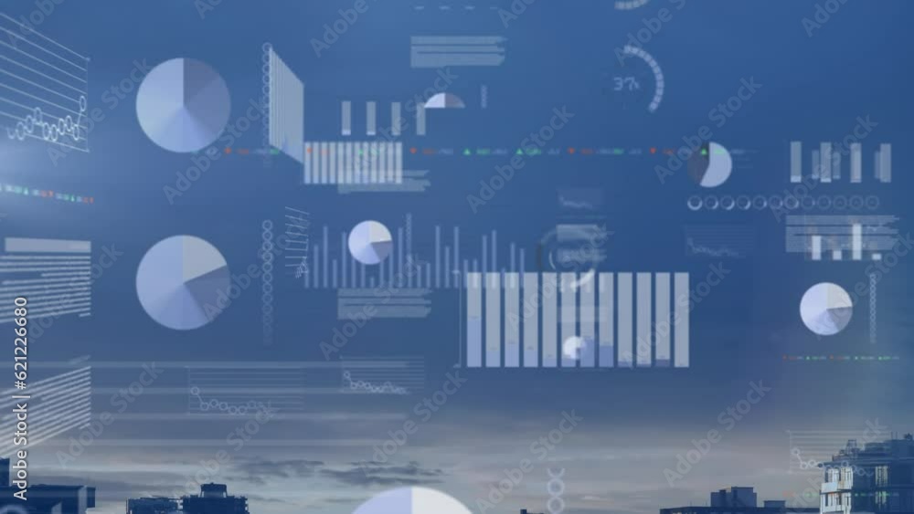 Poster animation of statistical data processing against aerial view of cityscape