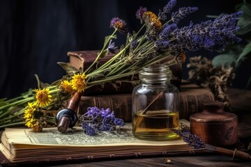 Fototapeta premium still life with a book, a pipe, and flowers on a table. Generative AI